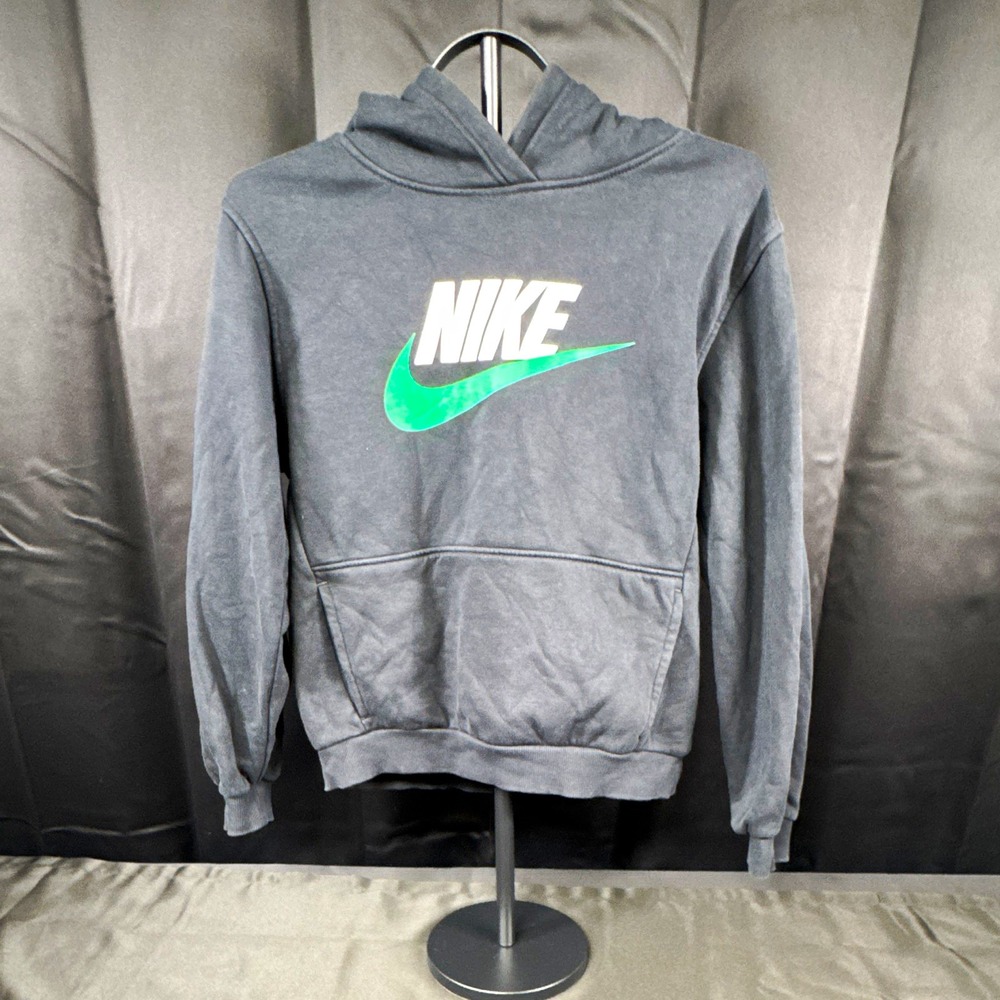 Nike Boys XL Pullover Hoodie Fleece Pockets Gray/Green Swoosh (1291)